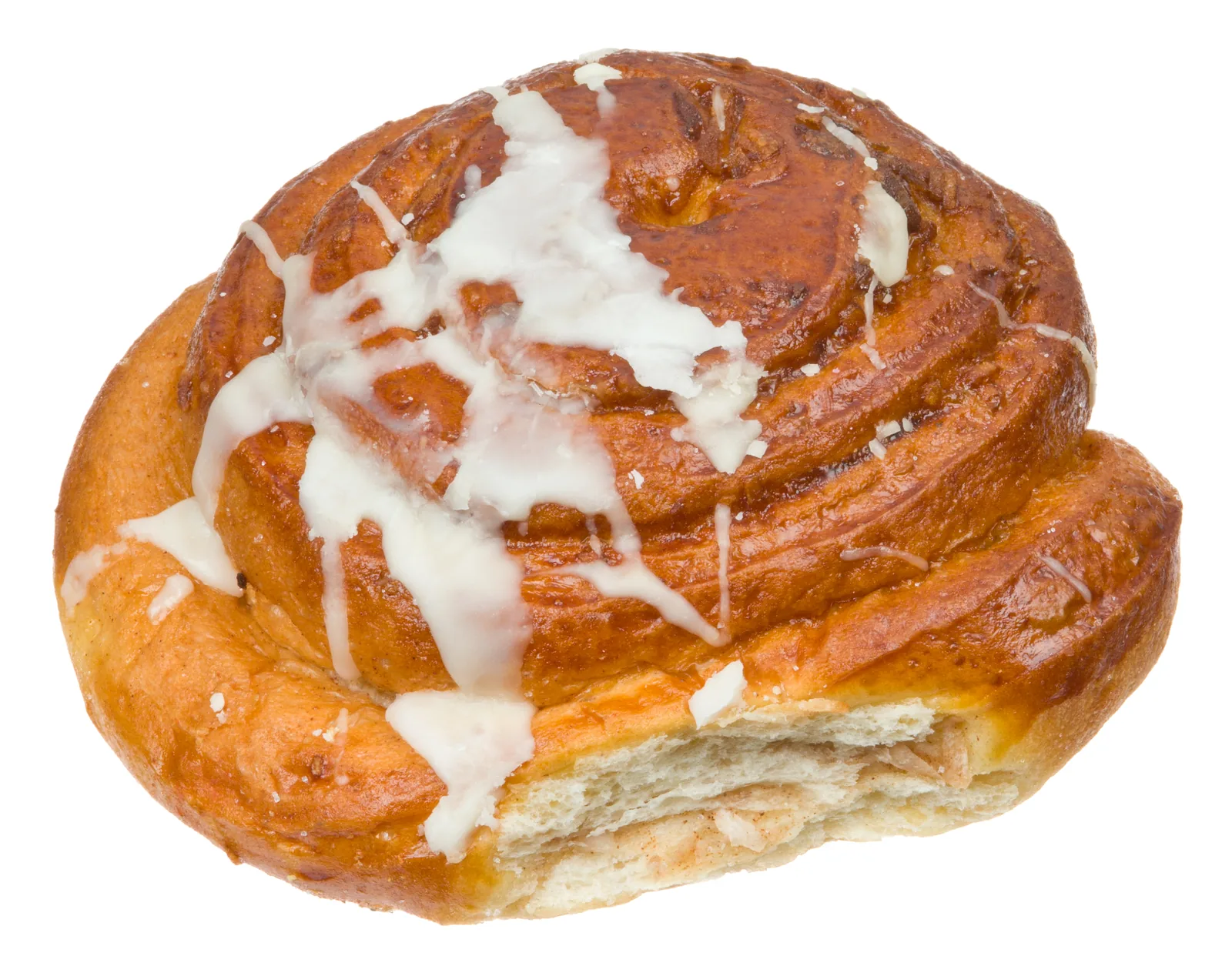 A cinnamon roll with white icing from an American bakery case. The photo was not taken in North Charleston.