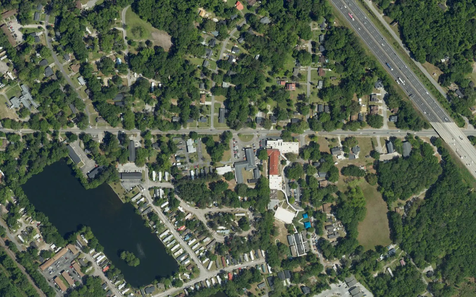 Aerial view of Midland Park in North Charleston, with the pond at Midland Lake Park at lower left and Interstate 26 at upper right.