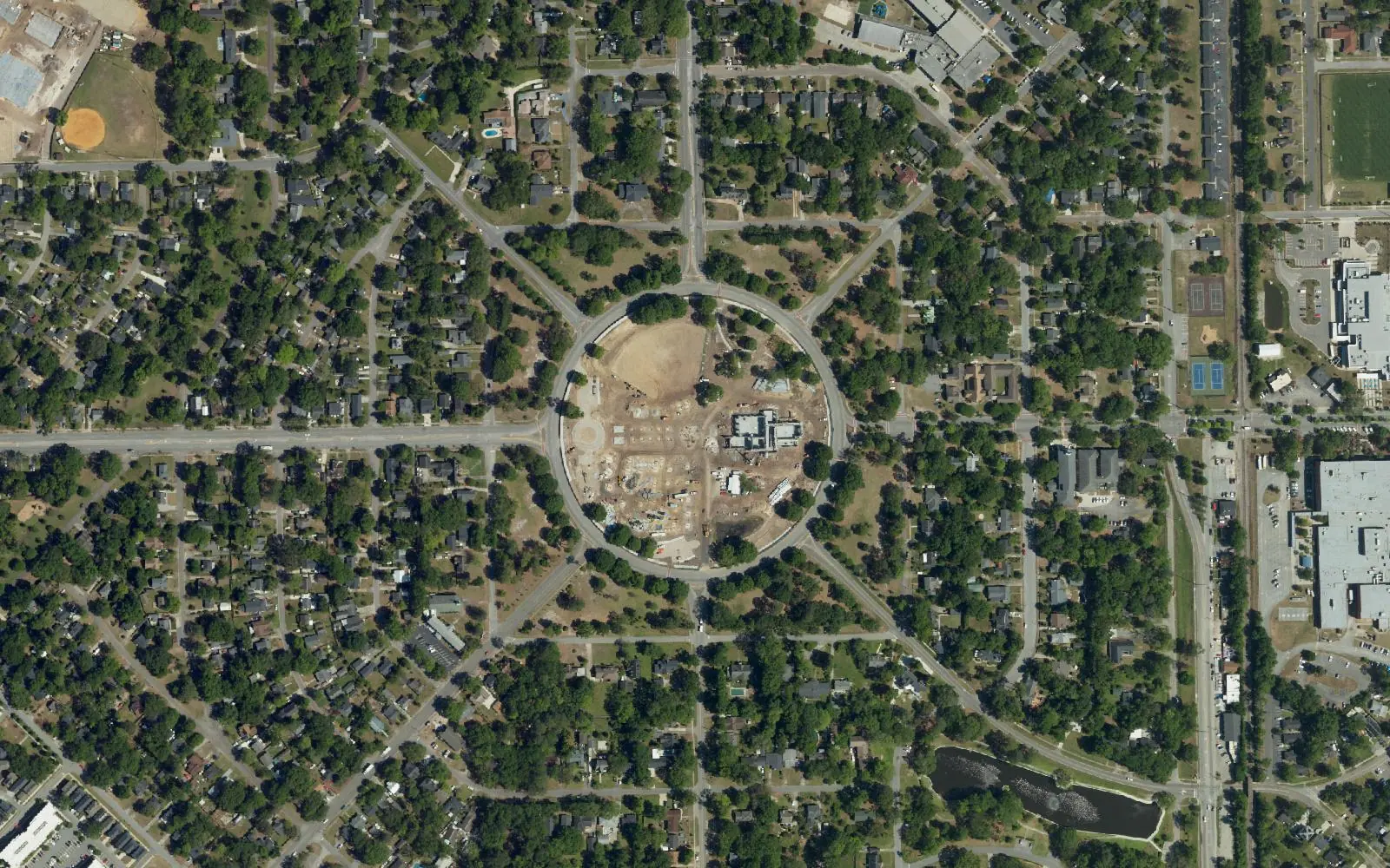 Aerial view of Park Circle in North Charleston, with streets radiating from the circle at its center, shown while the park inside it was being rebuilt.