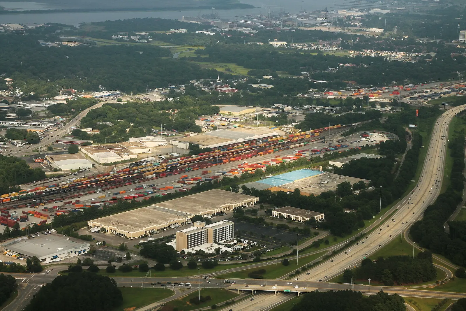 Interstate 26 runs past the CSX Bennett rail yard in an aerial view of North Charleston, looking south.