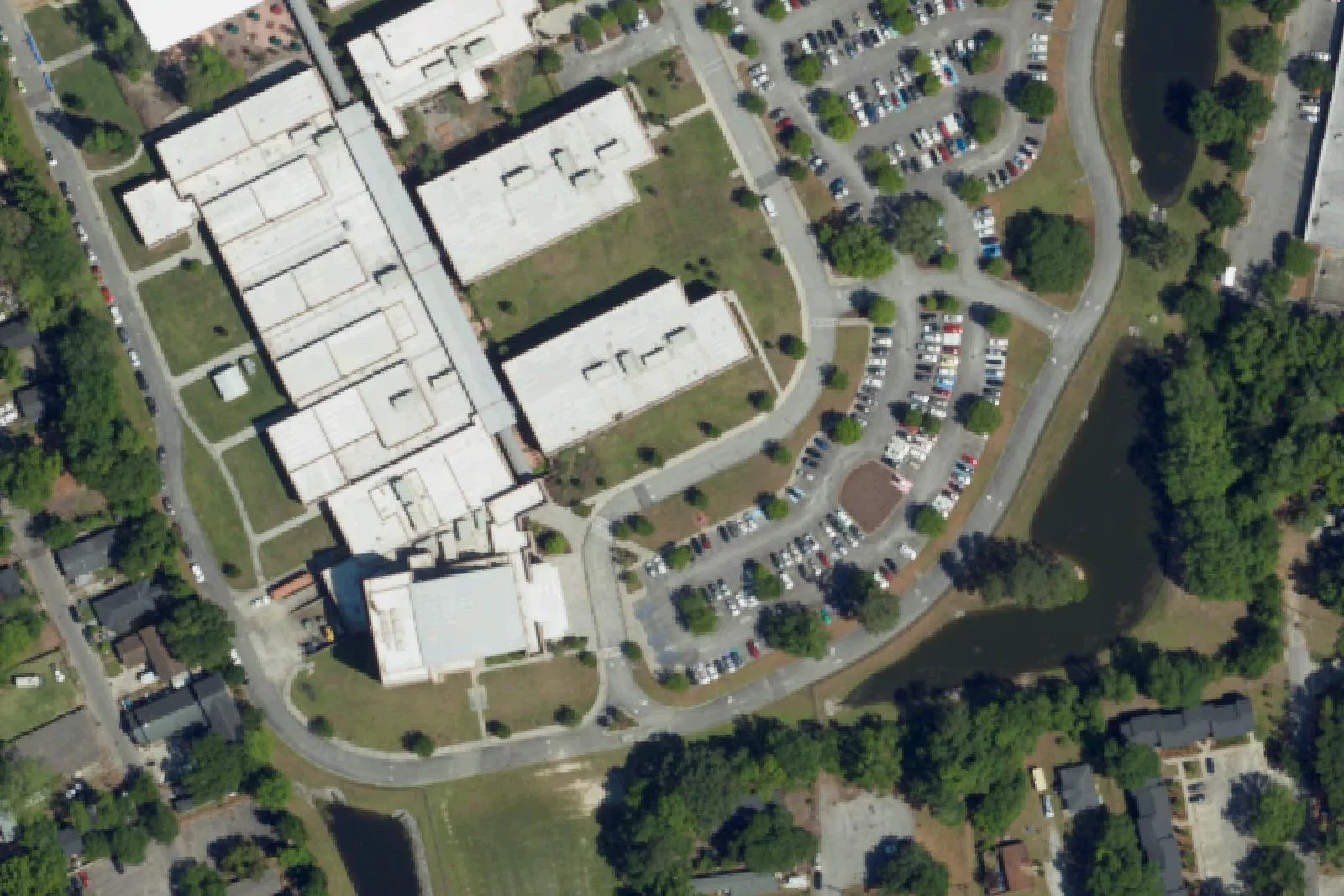 Charleston County School of the Arts's campus on West Enterprise Street in North Charleston, seen from the air