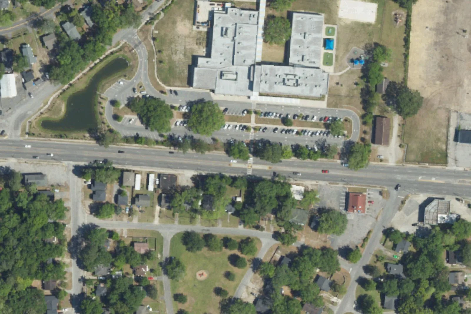 Meeting Street Elementary, Burns's campus on Dorchester Road in North Charleston, seen from the air