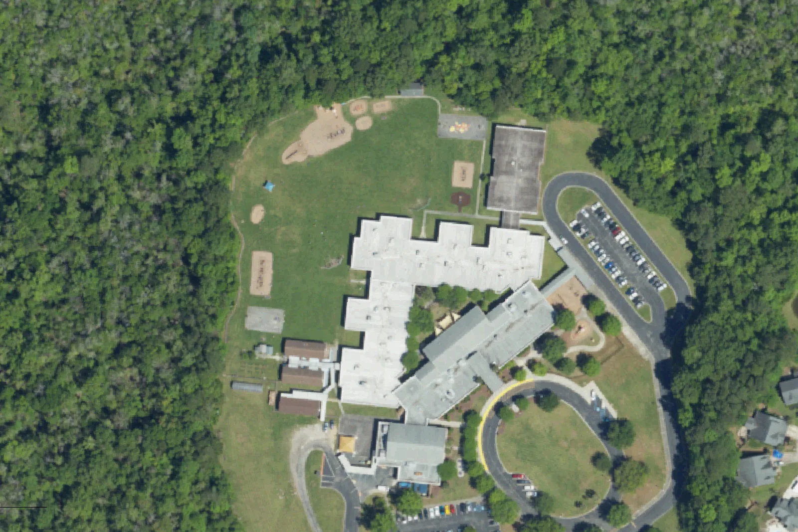 Windsor Hill Arts Infused Elementary's campus on William Moultrie Boulevard in North Charleston, seen from the air
